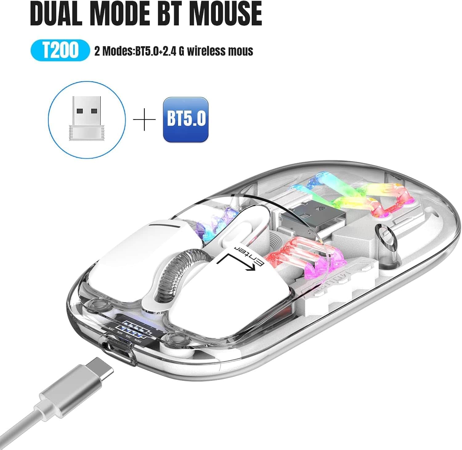 Cyberpunk Wireless Mouse - Transparent LED, Rechargeable Design