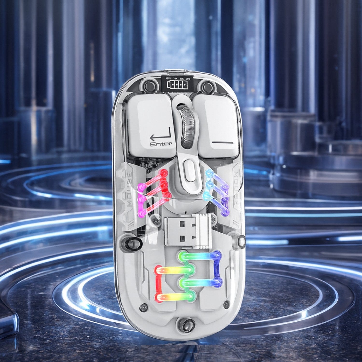 Cyberpunk Wireless Mouse - Transparent LED, Rechargeable Design