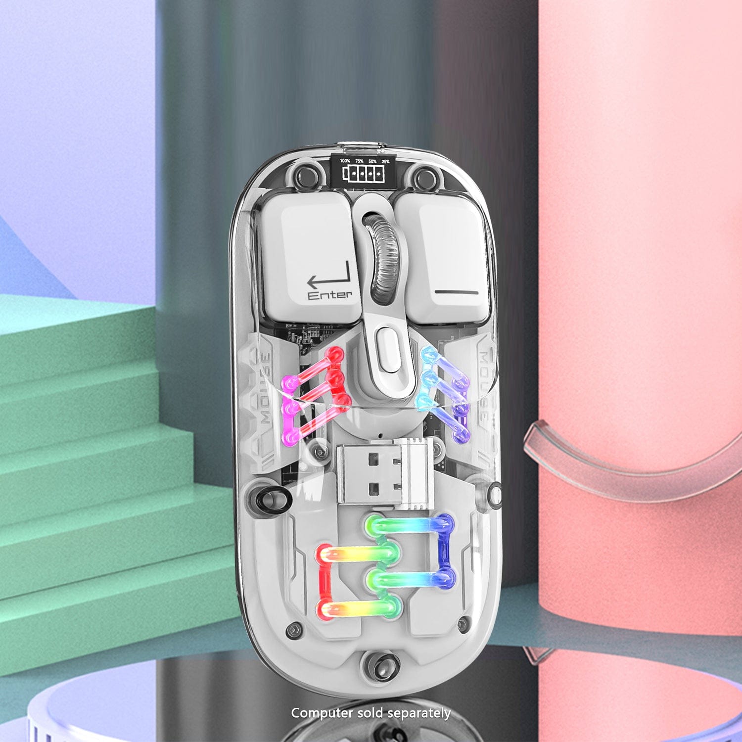 Cyberpunk Wireless Mouse - Transparent LED, Rechargeable Design