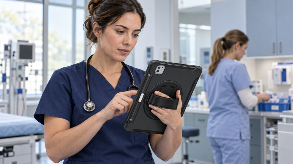 A clinician uses an iPad in a black Sahara Raider case with rotating hand strap while a colleague prepares a clinical workstation.
